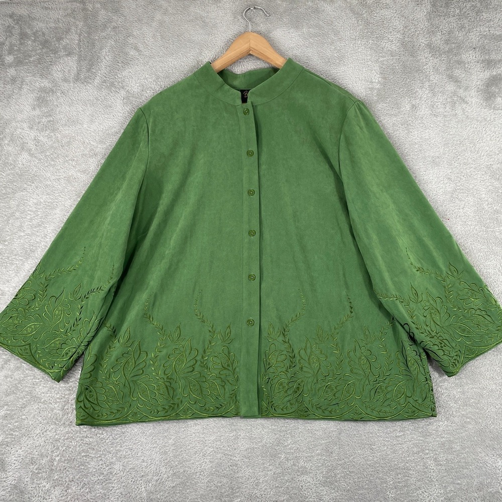 Bob Mackie Wearable Art Shirt Womens XL Green Faux Suede Embroidered Boho